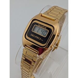 Vintage Delphi II LCD Digital Watch Women 26mm Case Gold 7" Band- New Battery
